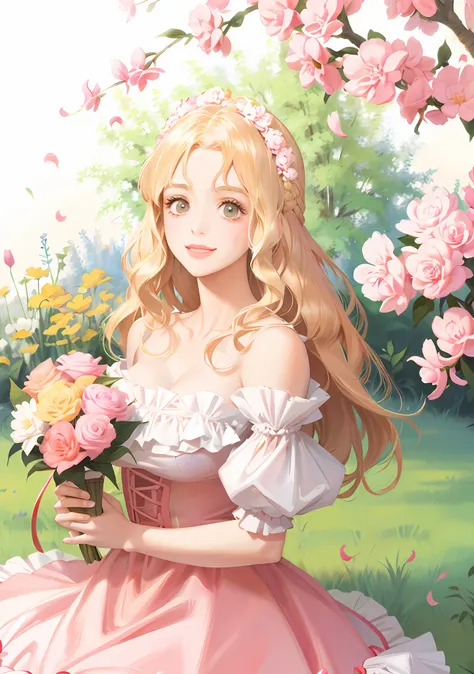 lolita, off-the-shoulder, pink dress flowers, smile, blonde hair, fluttering hair, natural light, perfect figure, delicate facia...