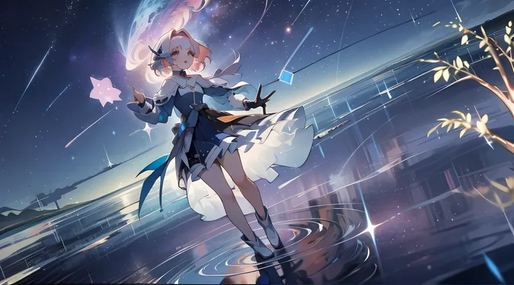 an anime girl dances on a mirror-like lake, beautiful and elegant