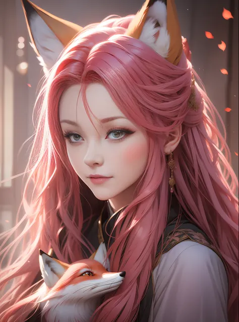 fox, pink hair, antique,1gril,1fox