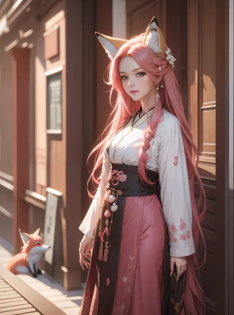 fox, pink hair, antique,1gril,1fox