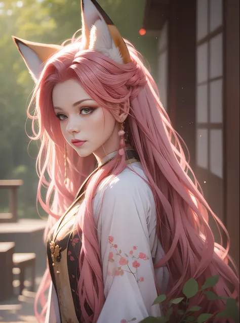 fox, pink hair, antique,1gril,1fox