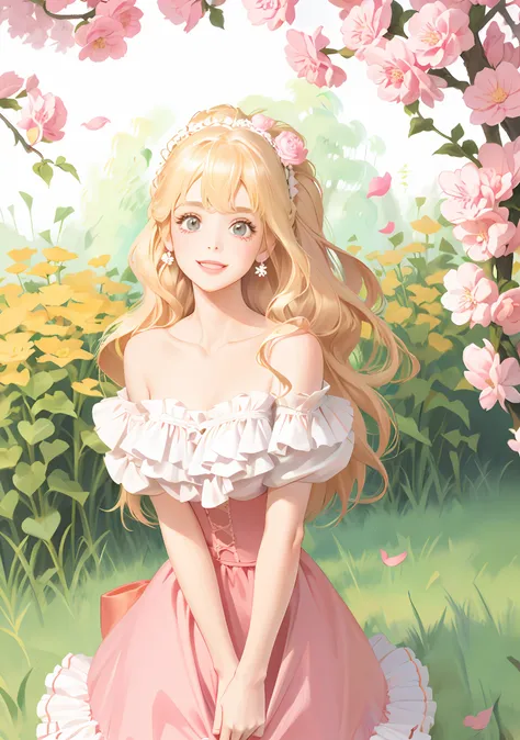 lolita, off-the-shoulder, pink dress flowers, smile, blonde hair, fluttering hair, natural light, perfect figure, delicate facia...