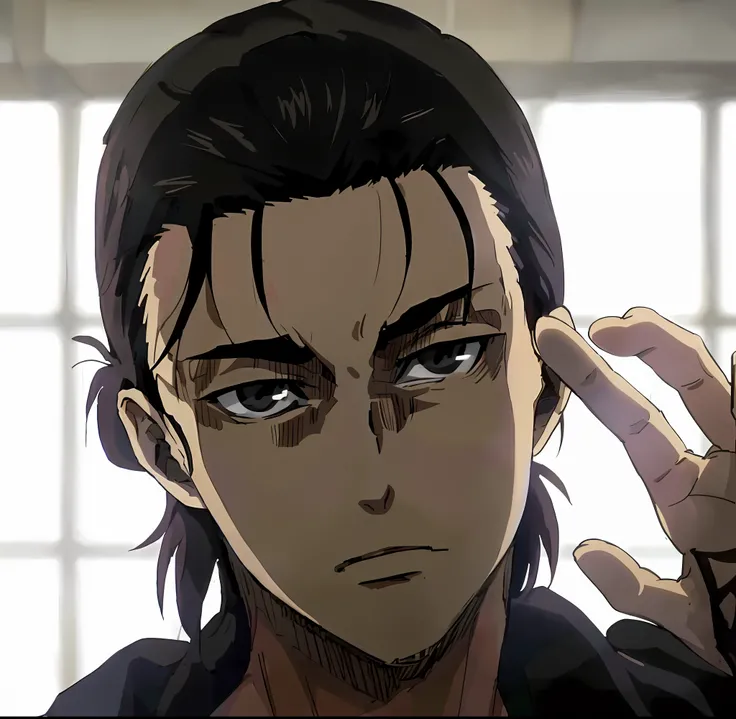 anime image of a man with long hair and a black shirt, levi ackerman, handsome guy in demon slayer art, (attack on titans anime), portrait of eren yeager, roguish smirk, tsurumaki kazuya, in attack on titan, eren yeager, shuushuu anime image, from attack o...