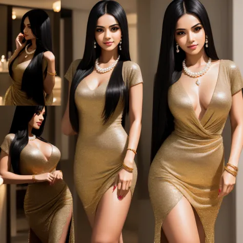 a woman, straight black hair, body in the picture, posing for photo, social shirt, social cause, pearl necklace, silver gala dress, gold bracelet