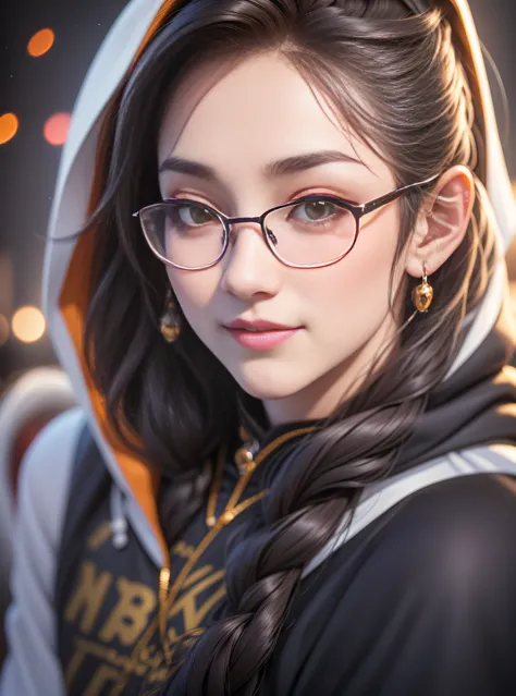 (8k, RAW Photo, Best Quality, Masterpiece: 1.2), (Realistic, Photorealistic Real: 1.37), Best Quality, Ultra High Resolution, Photon Mapping, Radiosity, Physically Based Rendering, 1girl, ((Glasses)), ((Hoodie)), ((Sweatpants)), Naughty Face, Cute, (Laughs...