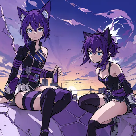 a little girl, short hair, purple hair, small purple cat ears, a purple cat's tail, blue eyes, assassin clothing, amine style