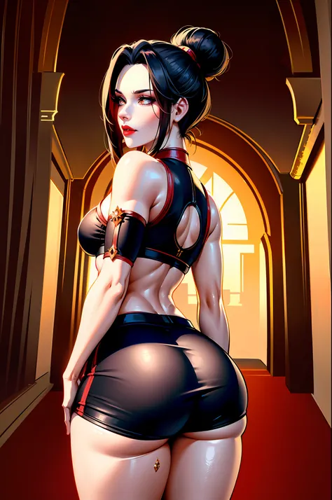 ultra-realistic 8k CG, masterpiece, ((ultra detailed background, intricate details, high detail, better quality fine details, hyper-detailed face)), beautiful lighting, absurdity, film grain, azula, 1girl, solo, black hair, brown eyes, makeup, lipstick, re...