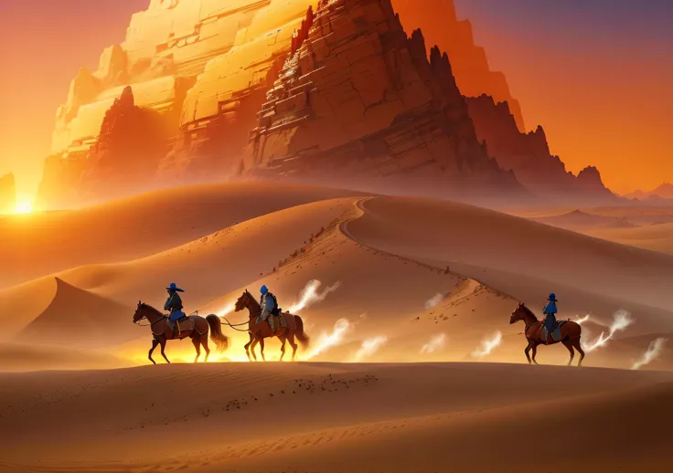 three people riding horses in the desert at sunset, the movie silk road blue view, yang j, sand desert fantasy, huang shen, wang...