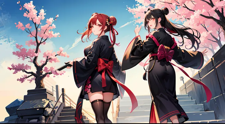 ((masterpiece,best quality)),2girls, black kimono, black legwear, black ribbon, black hair, cherry blossoms, day, flower, hair b...