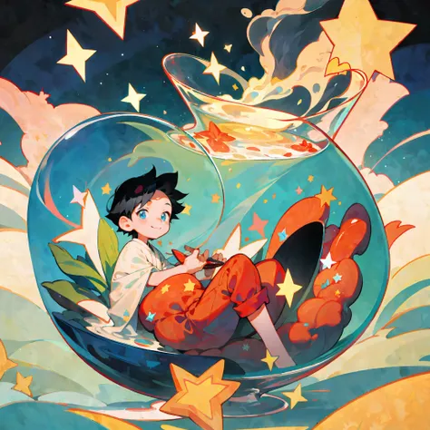 asian face, a little boy sitting inside a glass, black hair, happy, fantastical, sunny, shaded, colorful, stars