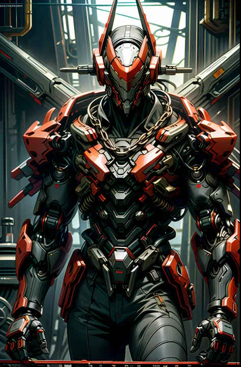 dark_fantasy,cyberpunk,(chain saw,chain saw man,red:1.1),1man,mechanical marvel,robotic presence,cybernetic guardian,