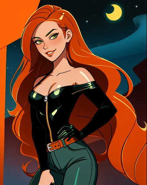 original art, lineart, ink, solo, green eyes, long hair, orange hair, kim maybe, jeans, black top, black gloves, midreef, belt, night sky background, sexual expression, blush, small breasts, unzipped, 5 fingers, décolleté, seductive smile, sensual