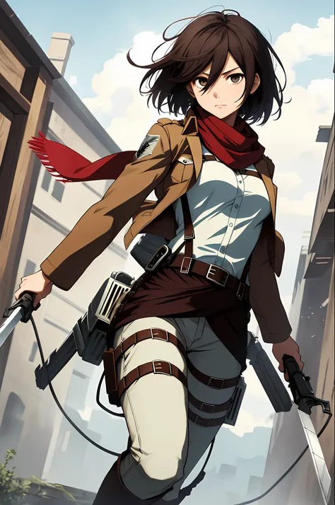 masterpiece, best quality, highres, hmmikasa, short hair, black eyes, scarf, emblem, belt, thigh strap, red scarf, white pants, ...