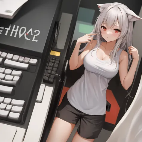 , anthro, mammal, female, solo, clothing, shirt, breasts, canid, hi res, white body, topwear, red eyes, white fur, fur, text, wolf, furniture, canine, text on clothing, text on shirt, text on topwear, clothed, tank top, absurd res, computer, english text, ...