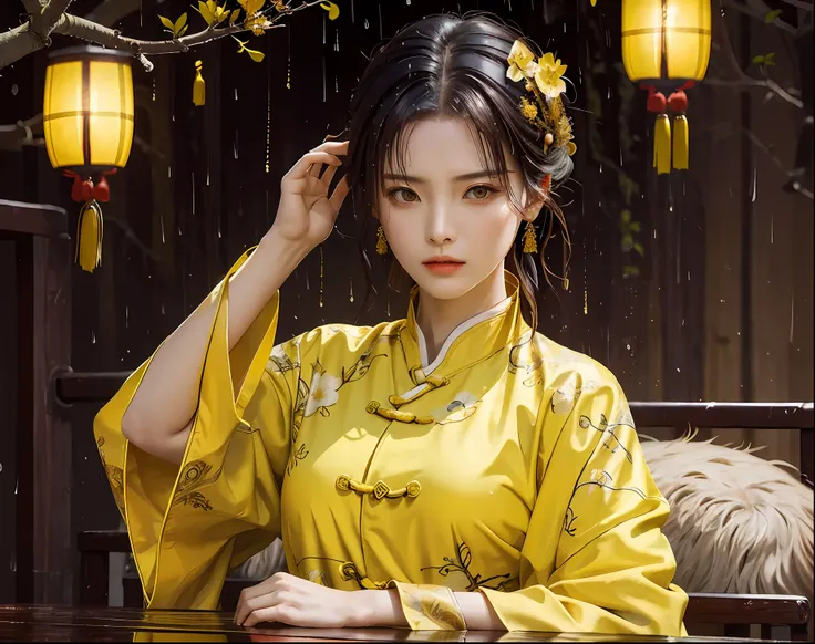 masterpiece, excellent, night, outdoor, rainy day, branches, chinese style, ancient china, 1 woman, mature woman, yellow clothes...