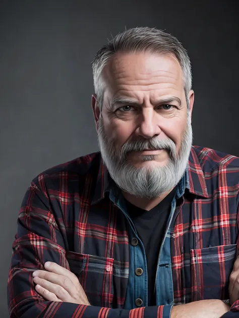 portrait of a middle-aged man, face skin detalados, wrinkles of expressionbeard gray lumberjack style, raw leather jacket, plaid...