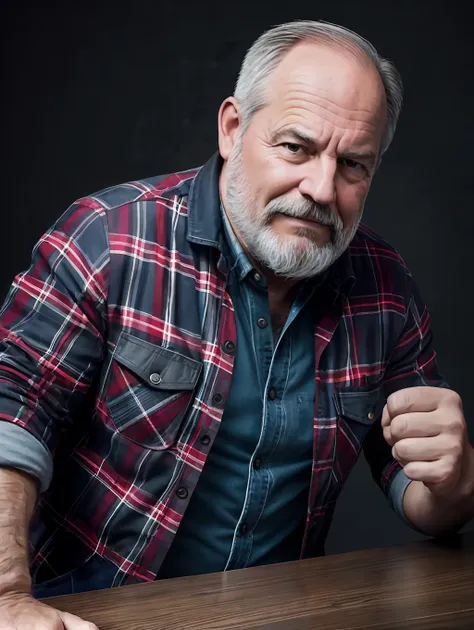 portrait of a middle-aged man, face skin detalados, wrinkles of expressionbeard gray lumberjack style, raw leather jacket, plaid...