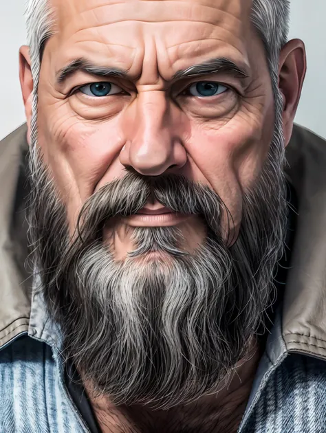 portrait of a middle-aged man, detailed skin face, expression wrinkles, lumberjack style gray beard, raw beige leather jacket, w...