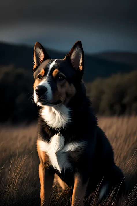 (photorealistic) a dog on grasses, windy, cinematic, dark theme, rim light