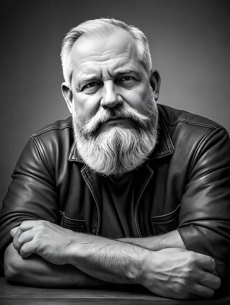 b&w portrait of a middle-aged man, detailed skin face, expression wrinkles, lumberjack style gray beard, raw beige leather jacke...