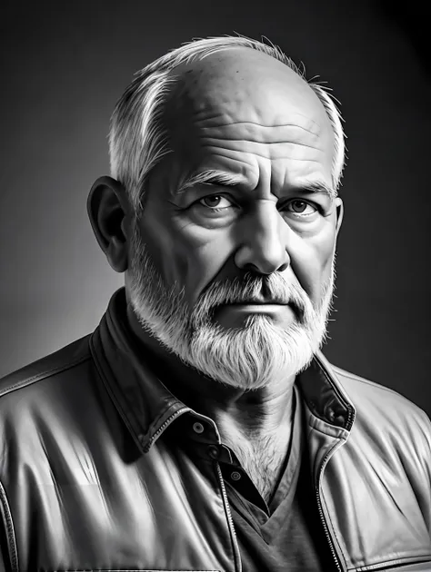 b&w portrait of a middle-aged man, detailed skin face, expression wrinkles, lumberjack style gray beard, raw beige leather jacke...