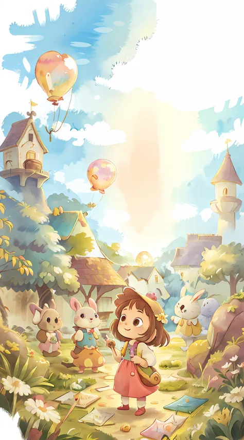 fresh colors watercolor children's painting little girl happy balloon castle cloud cute rabbit