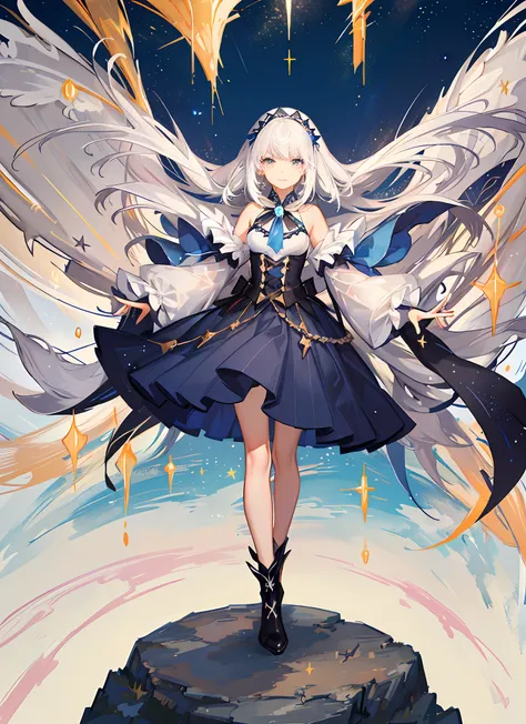 ((magical girl)), ((gorgeous starry sky background)), ((ultra-detailed)), ((best illustration)), ((cinematic lighting)), dynamic angle, floating, finely detailed, (glitter:1.2), (sparkle:1.2), (shine:1.2), classic, (painting:1.1), (sketch:1.1), (best quali...