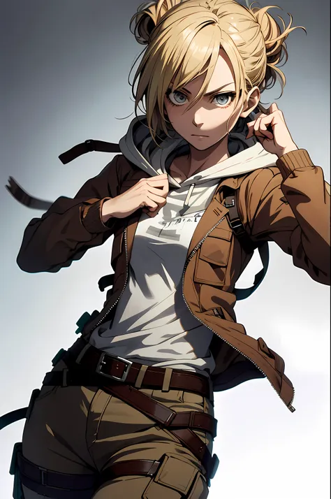 annie leonhardt, anime style beautiful woman, 1girl, solo, long sleeves, closed mouth, jacket, open clothes, belt, pants, hood, ...