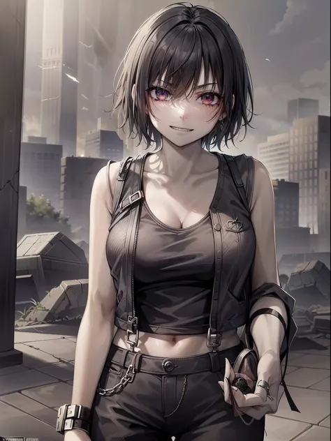 a woman with sharp teeth, visible when a mischievous smile forms on her lips. she wears a tank top with a black jacket and pants...