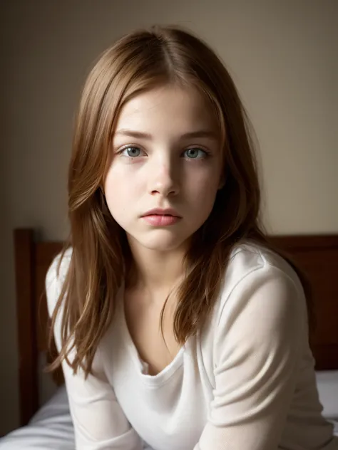 perfect face, petit teen, happy, very beautiful, russian, in bed, dark private studio, light grumpy:1.2)