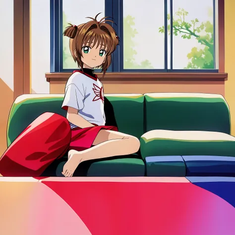 masterpiece, highres, kinomoto_sakura laying on the couch, living room, casual clothes, window, sunlight, beautiful scene, soft smile