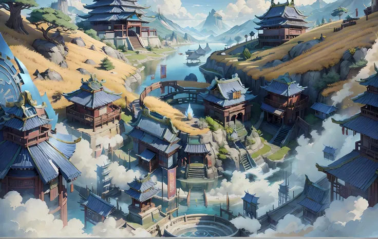 immortal world, sky realm, blue and white tones, science fiction style, ancient chinese architecture