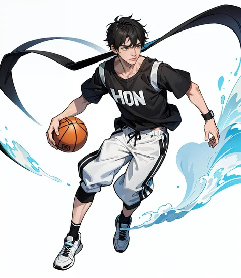 1boy, (ink primitive art: 1.2), (line art: 1.33), (best quality, masterpiece), superlative, teenage male, basketball, boy, boy, short hair, white skin, white basketball vest, trousers, muscle, petite, bright, clouds, wind, urban, black and white, colorless...