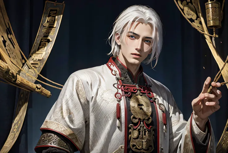 masterpiece, excellent, ancient china, dark night, 1 teenager, handsome, handsome, white hair, in a handsome pose