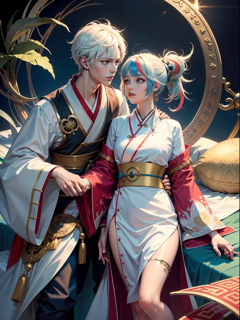 concept art, "1 couple, male focus, fin ears, multicolored hair, handsome boy, long white hair, tassels, bangs, carp, colorful, ...