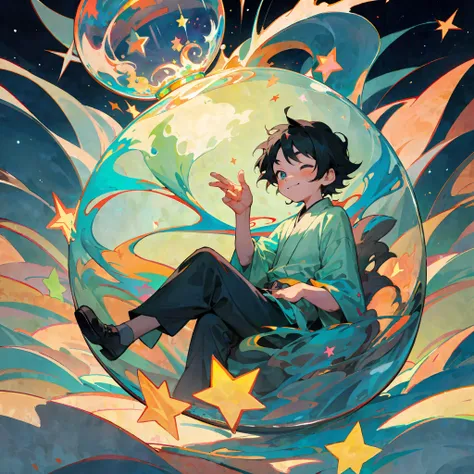 asian face, a little boy sitting inside a glass, black hair, happy, fantastical, sunny, shaded, colorful, stars