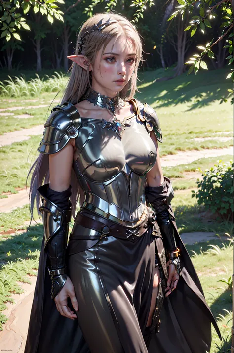 (masterpiece, best quality, photorealistic, detailed shiny skin:1.2), flawless, 8k, RAW, highres, industrial, dusk,
1girl, upper body, face focus, looking away, elven metal armor, highly detailed chocker with ornament,