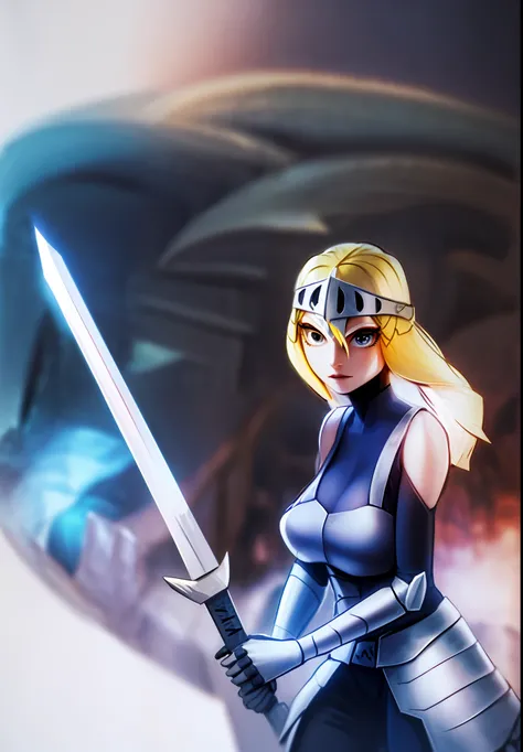 a drawing of a woman in armor holding a sword, with large sword, she is holding a sword, holding a sword on her shoulder, holding a long sword, long sword in her hand, posing with a sword, while holding a sword, cel - shaded art style, holding a large swor...