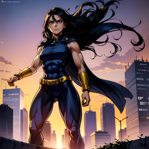 "A female version of All Might, Boku no Hero style, anime. perfect combination of strength and beauty: black hair, spooky eyes, defined muscles, heroic white uniform and zinza, urban backdrop with immense skyscrapers and winding roads underneath – all in t...