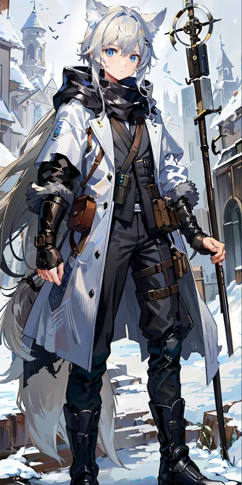 Shota, (HD quality, masterpiece level), fresh and cold teenage character, holding a long-handled staff weapon, wolf ears and wolf tail highlight the characters sense of belonging, blue eyes and dark gray hair echo each other, the clean lines of the white-g...