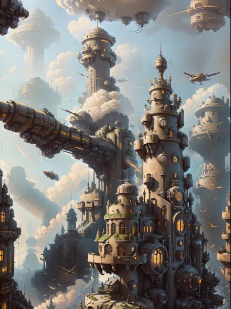 there are many different types of buildings in this picture, in steampunk cityscape, flying cloud castle, a steampunk city, stea...