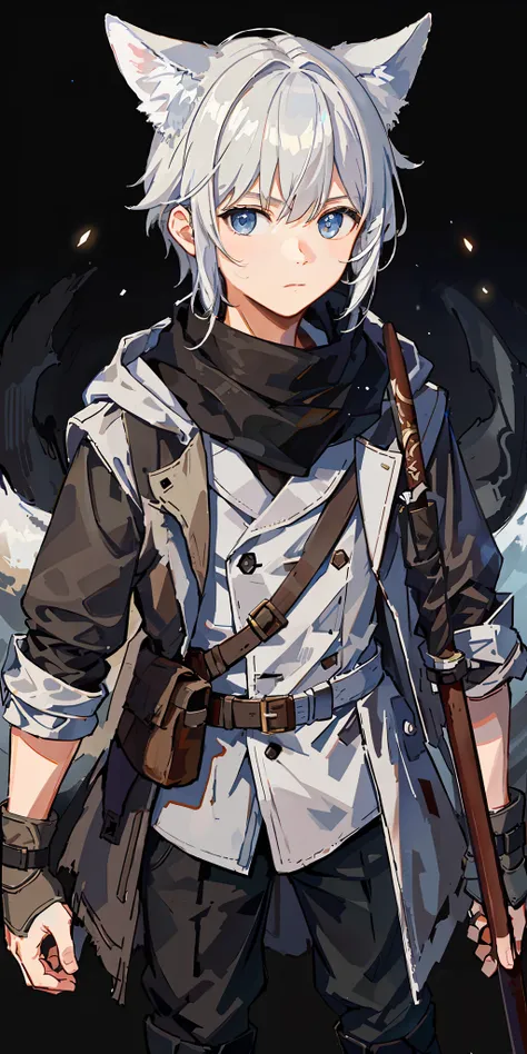 1boy, shota, (HD quality, masterpiece level), fresh and cold teenager character, holding a long-handled staff weapon, wolf ears and wolf tail highlight the characters sense of belonging, blue eyes and dark gray hair color echo each other, the clean lines o...