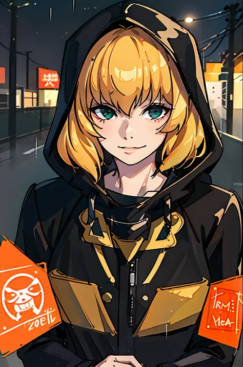 Clementine, 1girl, jacket, hoodie, rain, outdoor, sweatshirt, open jacket, chain, backpack, looking at another, short blonde hair and delicate strokes, trend in artstation, 8k resolution, highly detailed, anatomically correct, sharp image, digital painting...