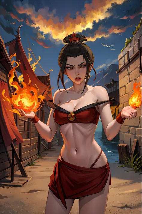 masterpiece, best quality, 1girl, azula, makeup, cleavage, (black bikini), lipstick, looking at viewer, fire, simple background