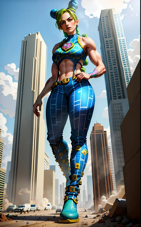 masterpiece, best quality, 1girl, solo, giant, giant, (((towering you)))), (full body), 1girl, jolynejojo, mini people climbing jolyne, digital art, masterpiece , green and blue hair, cropped, sleeveless, wearing pants