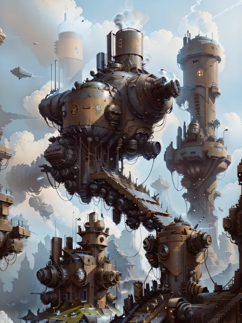 there are many different types of buildings in this picture, in steampunk cityscape, flying cloud castle, a steampunk city, stea...