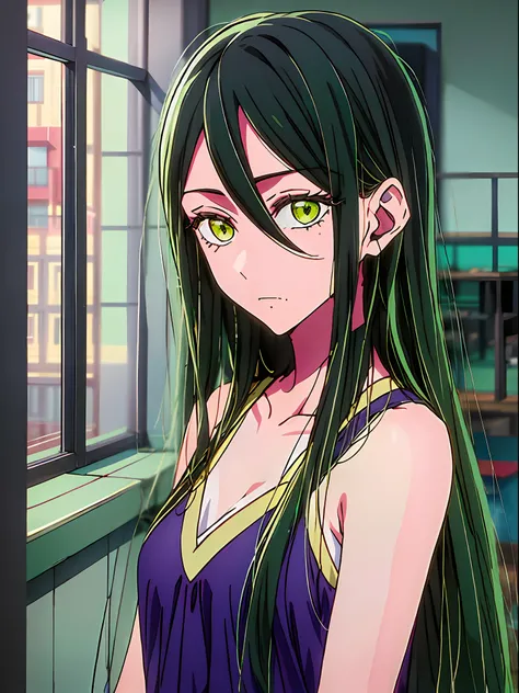 frillshiranui(oshinoko), green hair, green eyes, long hair, camisole, expressionless