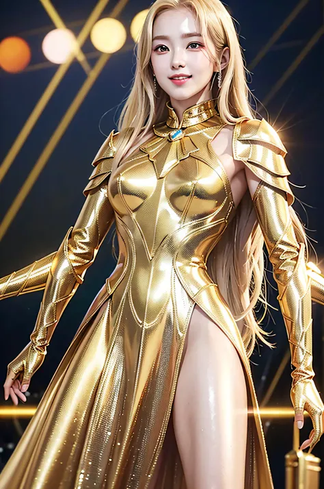 golden diamond armor, long blonde hair, golden pupils, golden light background, golden transparent wings, diamond texture, smili...