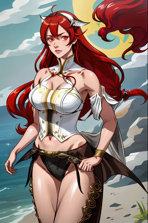 1girl, highres, sharp focus, pixiv masterpiece, (((intricate details)), highly detailed, one eye, red hair, fair skin, red eyes, long hair, adult Eris, Eris Boreas Greyrat,