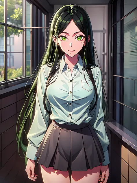frillshiranui(oshinoko), darkgreen hair, green eyes, long hair, expressionless, mole under mouth, smile, miniskirt, white shirt, realistic, 3d, wet, checkered floor